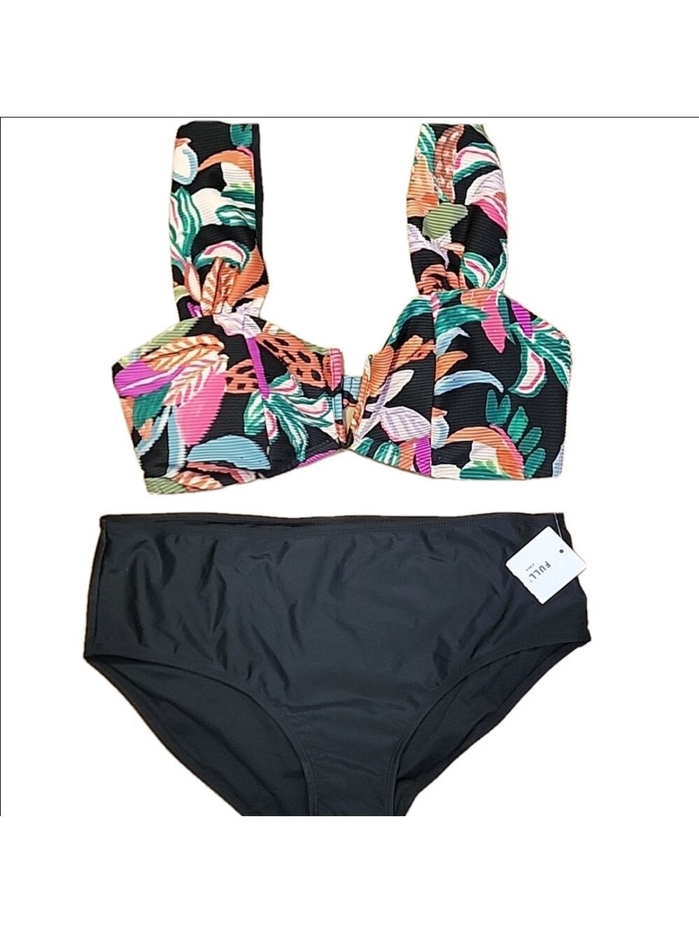 Time & Tru Tropical Print Bikini Size 1X Top and size 20 Black Bottoms NWT